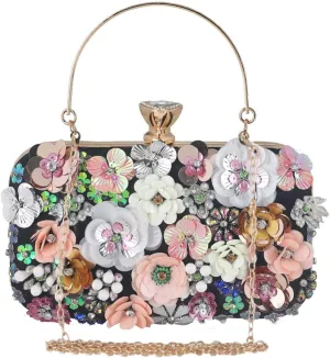 Colorful Flower Clutch Purses 3D Sequins Banquet Elegant Shoulder Crossbody Women's Evening Sequins Floral Handbag