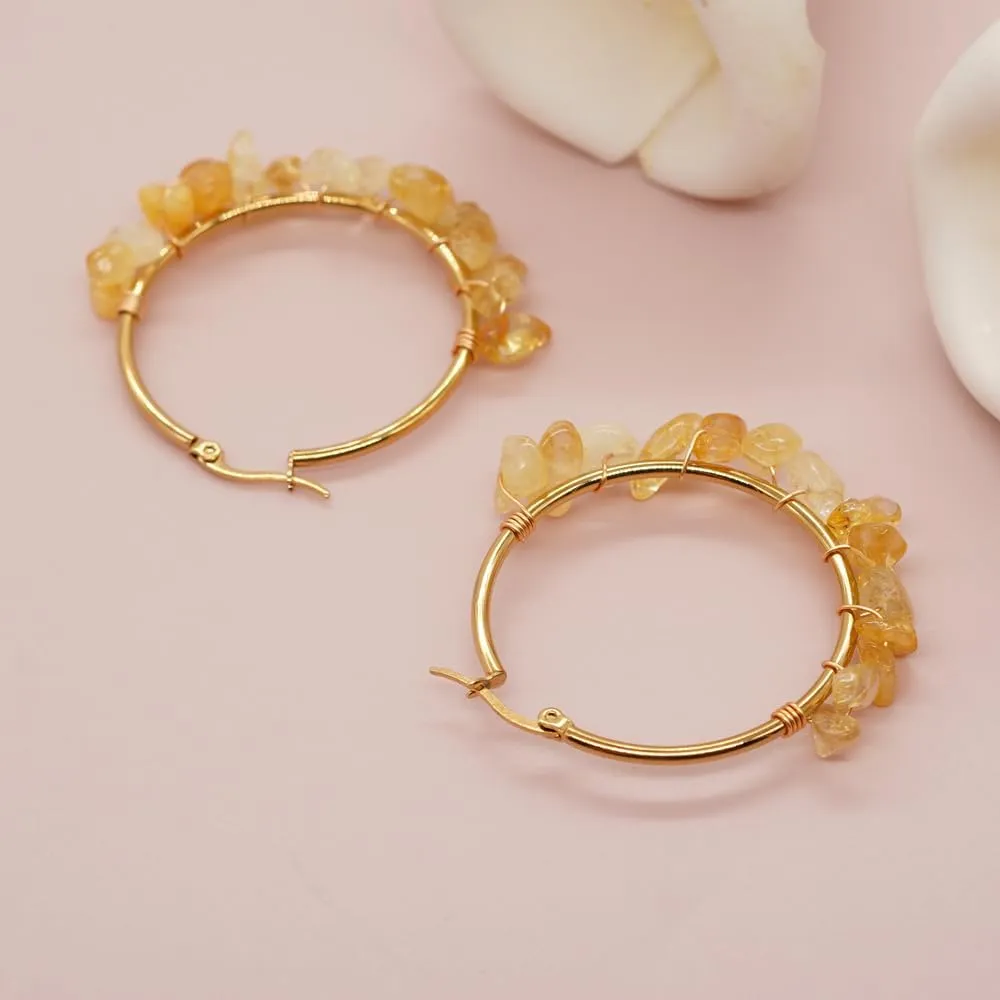 Colorful Gemstone Large Gold Beaded Hoop Earrings for Women, Statement Boho Handmade Natural Stone Beads Huggie Earring Beach Summer Jewelry Gift