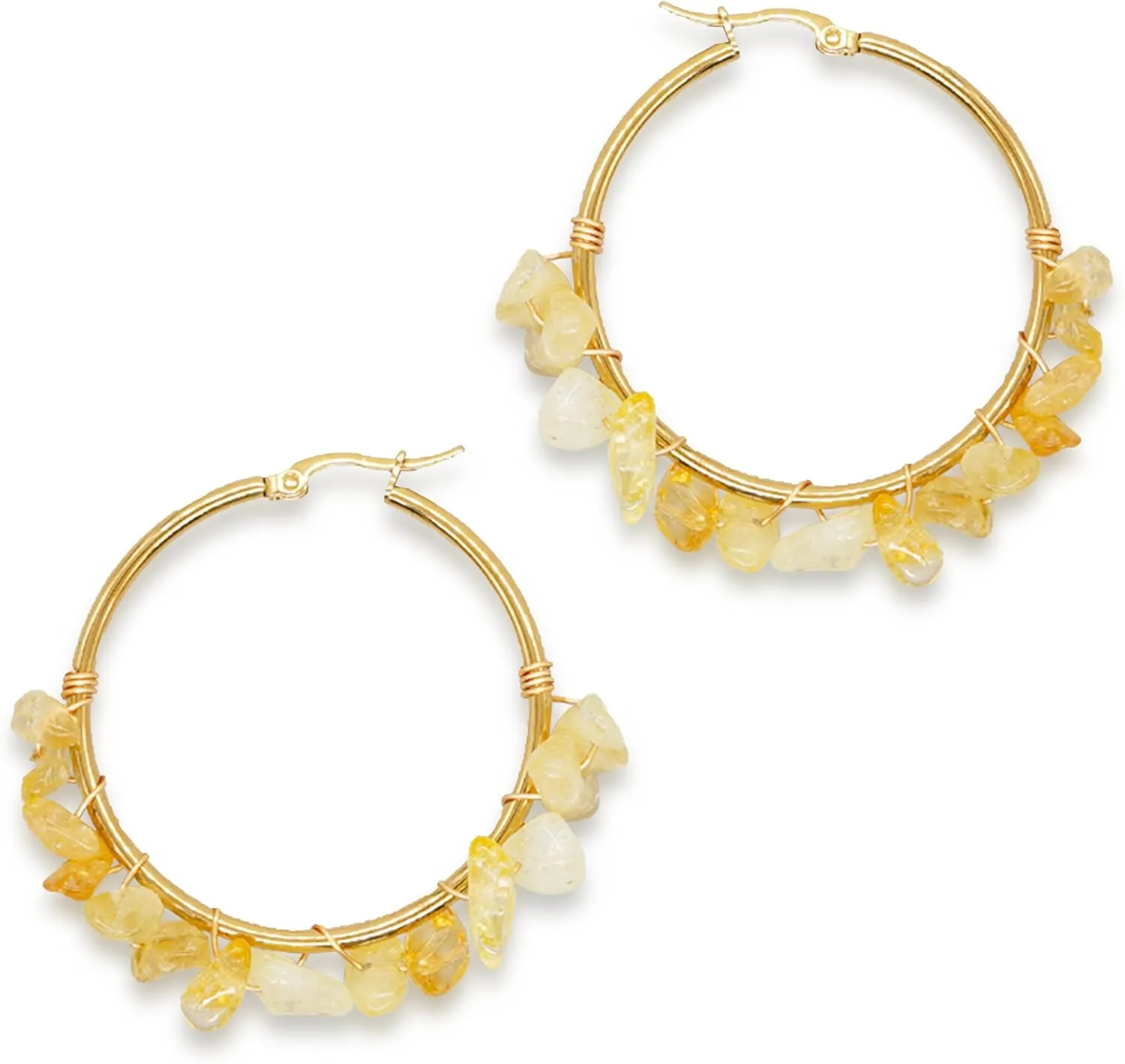 Colorful Gemstone Large Gold Beaded Hoop Earrings for Women, Statement Boho Handmade Natural Stone Beads Huggie Earring Beach Summer Jewelry Gift