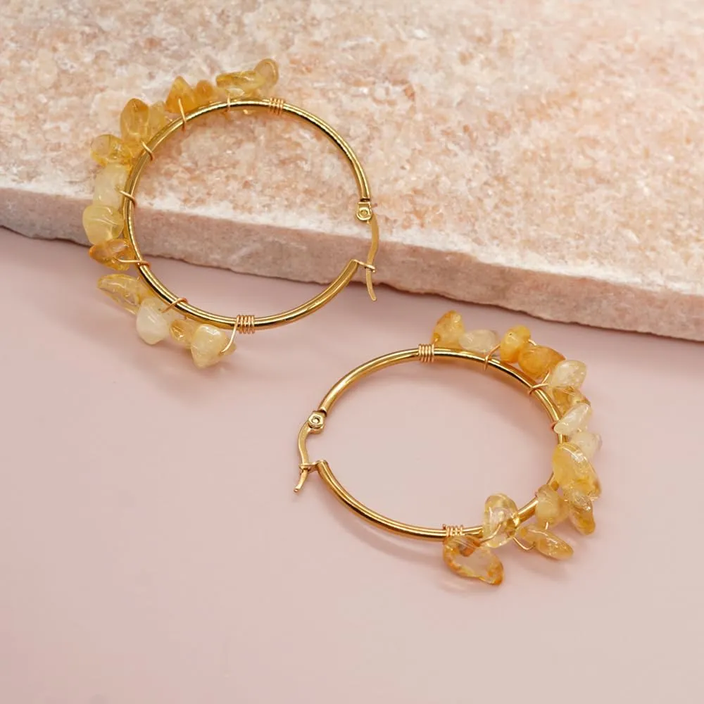 Colorful Gemstone Large Gold Beaded Hoop Earrings for Women, Statement Boho Handmade Natural Stone Beads Huggie Earring Beach Summer Jewelry Gift