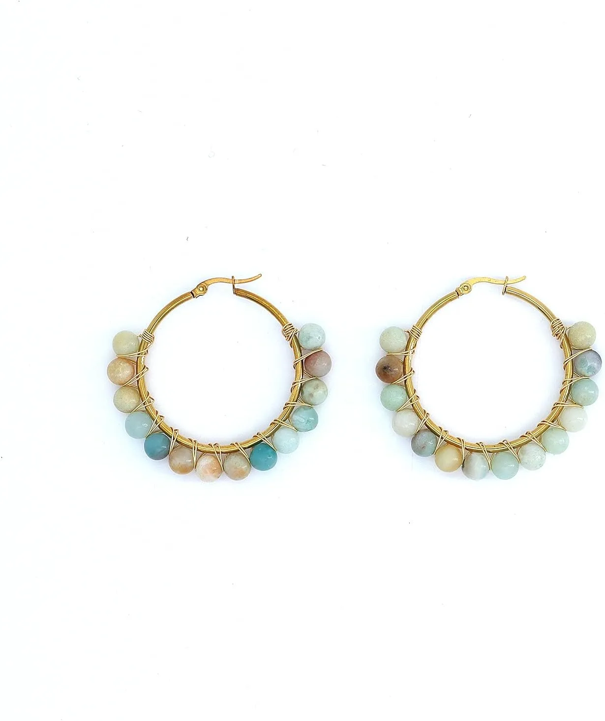 Colorful Natural Stone Hoop Dangle Earrings for Women Minimalist Gold Plated Geometric Beaded Round Huggie Earrings Trendy Boho Statement Jewelry Gift