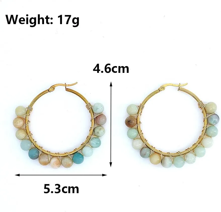 Colorful Natural Stone Hoop Dangle Earrings for Women Minimalist Gold Plated Geometric Beaded Round Huggie Earrings Trendy Boho Statement Jewelry Gift