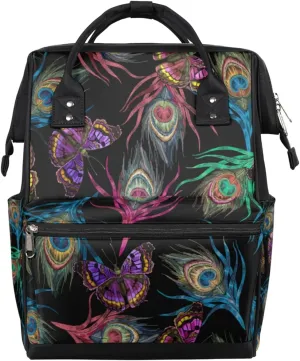 Colorful Peacock Feathers Butterflies Diaper Bag Tote Large Capacity Waterproof with Adjustable Shoulder Strap and Pram Straps Mommy Bag for Hospital Beach Weekender Travel