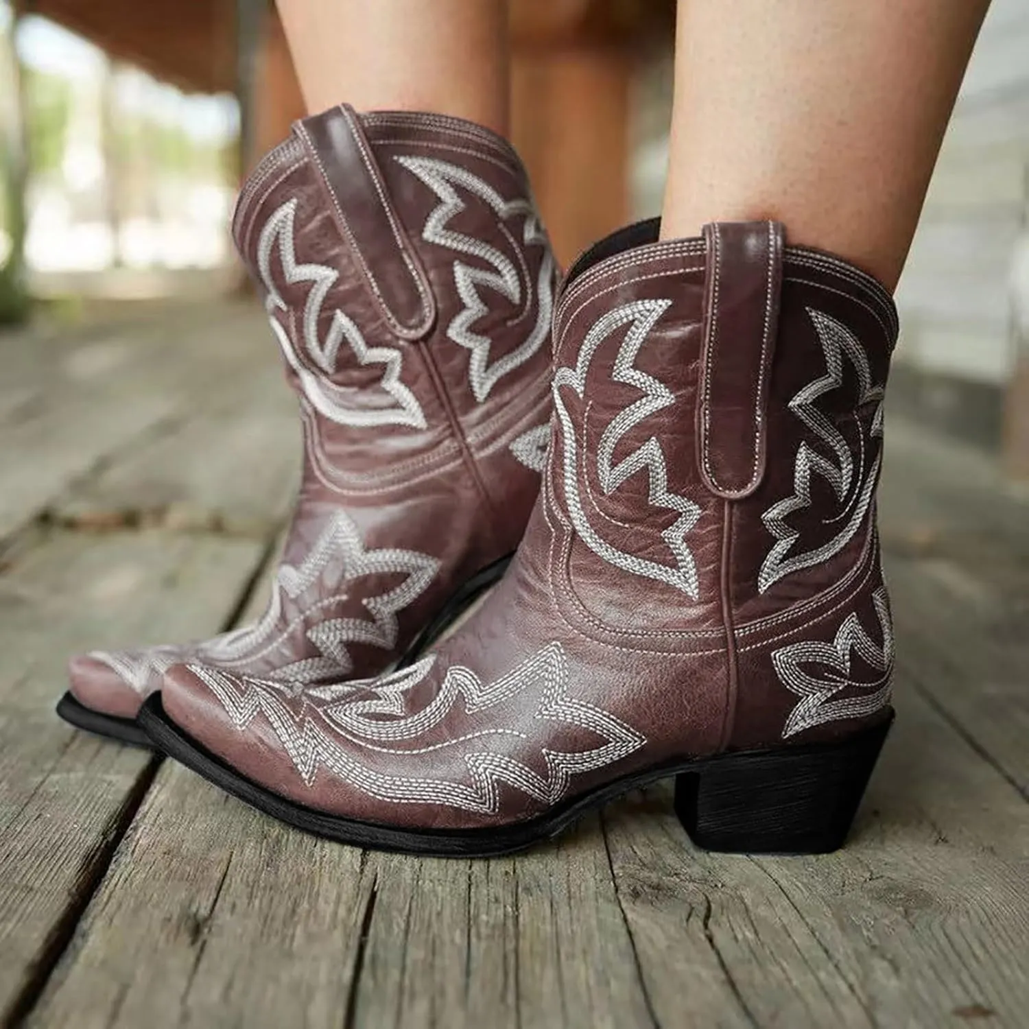Cowboy Boots for Women Wide Calf Boots for Women Ankle Booties Vintage Cowboy Leather Non-Slip Low Heel Rider Boots