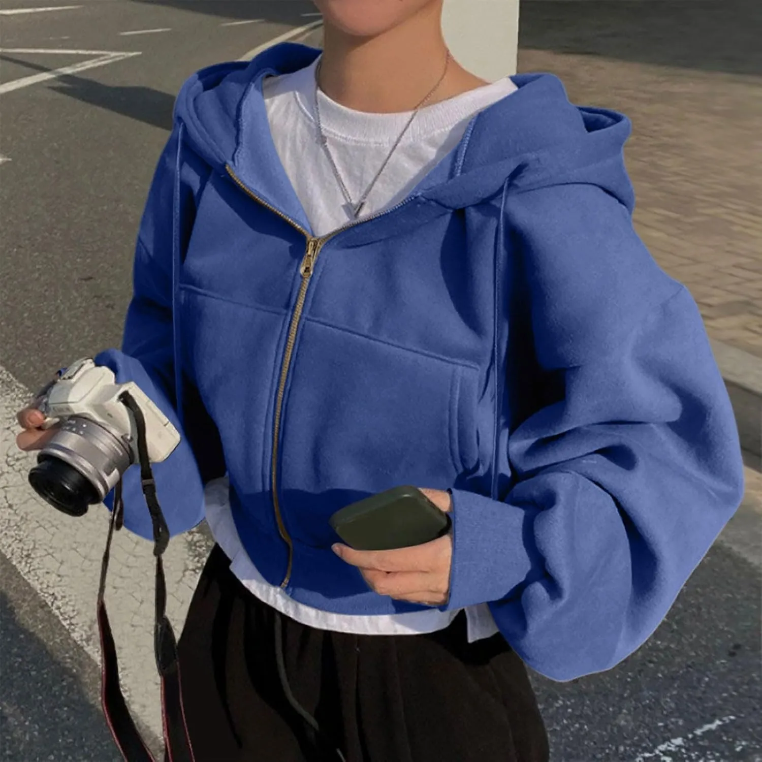 Cropped Zip Hoodie for Women Oversized Drawstring Jacket 2024 Fall Fashion Teens Long Sleeve Sweatshirt with Pocket