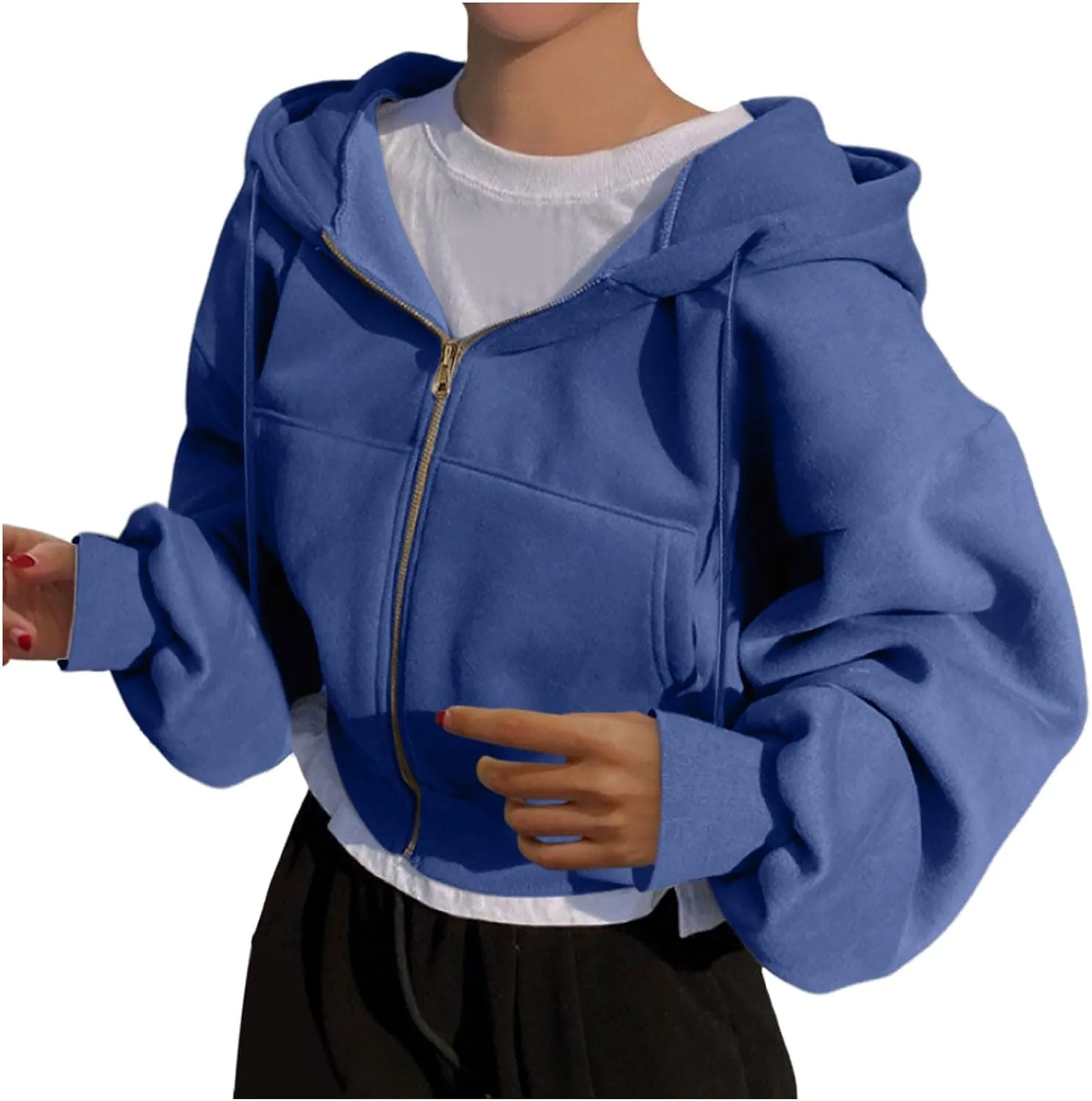 Cropped Zip Hoodie for Women Oversized Drawstring Jacket 2024 Fall Fashion Teens Long Sleeve Sweatshirt with Pocket