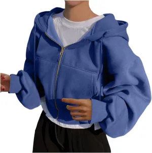 Cropped Zip Hoodie for Women Oversized Drawstring Jacket 2024 Fall Fashion Teens Long Sleeve Sweatshirt with Pocket