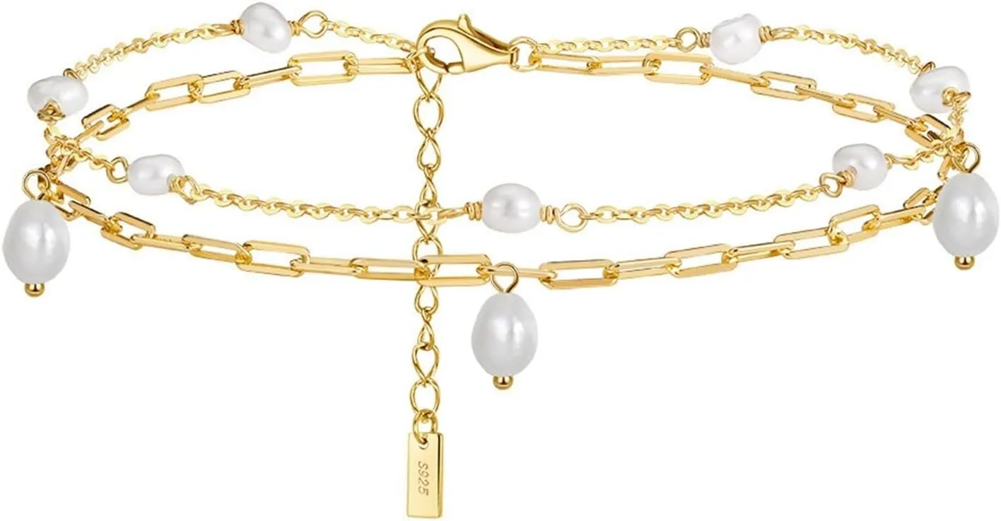 Cute Anklets, Sterling Silver Anklets Women Paperclip Chain with Pearl Matching Anklets Fashion Jewelry