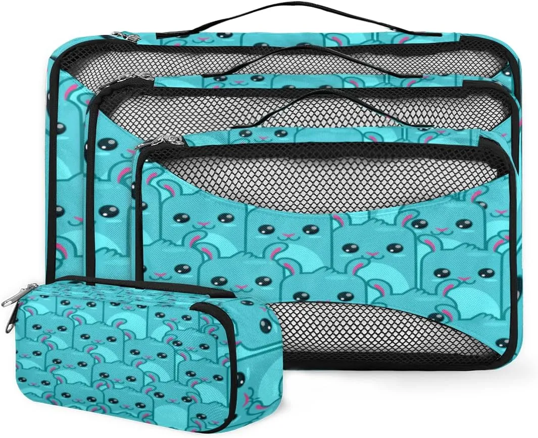 Cute Blue Cartoon Rabbit 4 Piece Packing Travel Organizer Cubes Set Mesh Fabric Ventilate Design Lightweight Travel Accessories 4 Sizes (Extra Large, Large, Medium, Small)