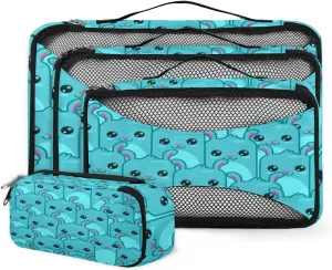 Cute Blue Cartoon Rabbit 4 Piece Packing Travel Organizer Cubes Set Mesh Fabric Ventilate Design Lightweight Travel Accessories 4 Sizes (Extra Large, Large, Medium, Small)
