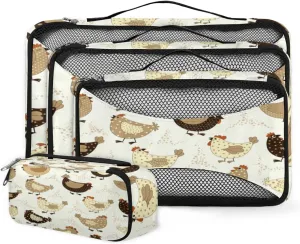 Cute Chicken 4 Piece Packing Travel Organizer Cubes Set Mesh Fabric Ventilate Design Lightweight Travel Accessories 4 Sizes (Extra Large, Large, Medium, Small)