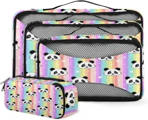 Cute Panda Rainbow 4 Piece Packing Travel Organizer Cubes Set Mesh Fabric Ventilate Design Lightweight Travel Accessories 4 Sizes (Extra Large, Large, Medium, Small)
