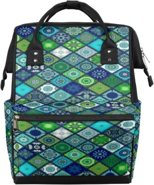 Cyan Flower Grid Diaper Bag Tote Large Capacity Waterproof with Adjustable Shoulder Strap and Pram Straps Mommy Bag for Hospital Beach Weekender Travel
