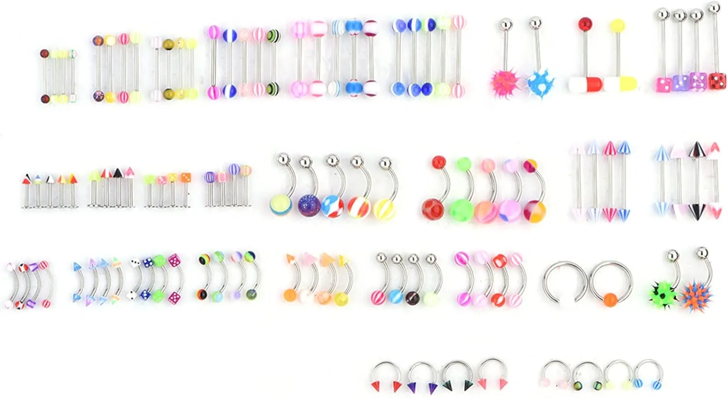 Cyrank 110Pcs Body Piercing Jewelry Kit, Tongue Nipple Rings Eyebrow Lip Belly Button Barbell Nose Piercing Tragus Nose Septum Tongue Stainless Steel Random Bulk Set