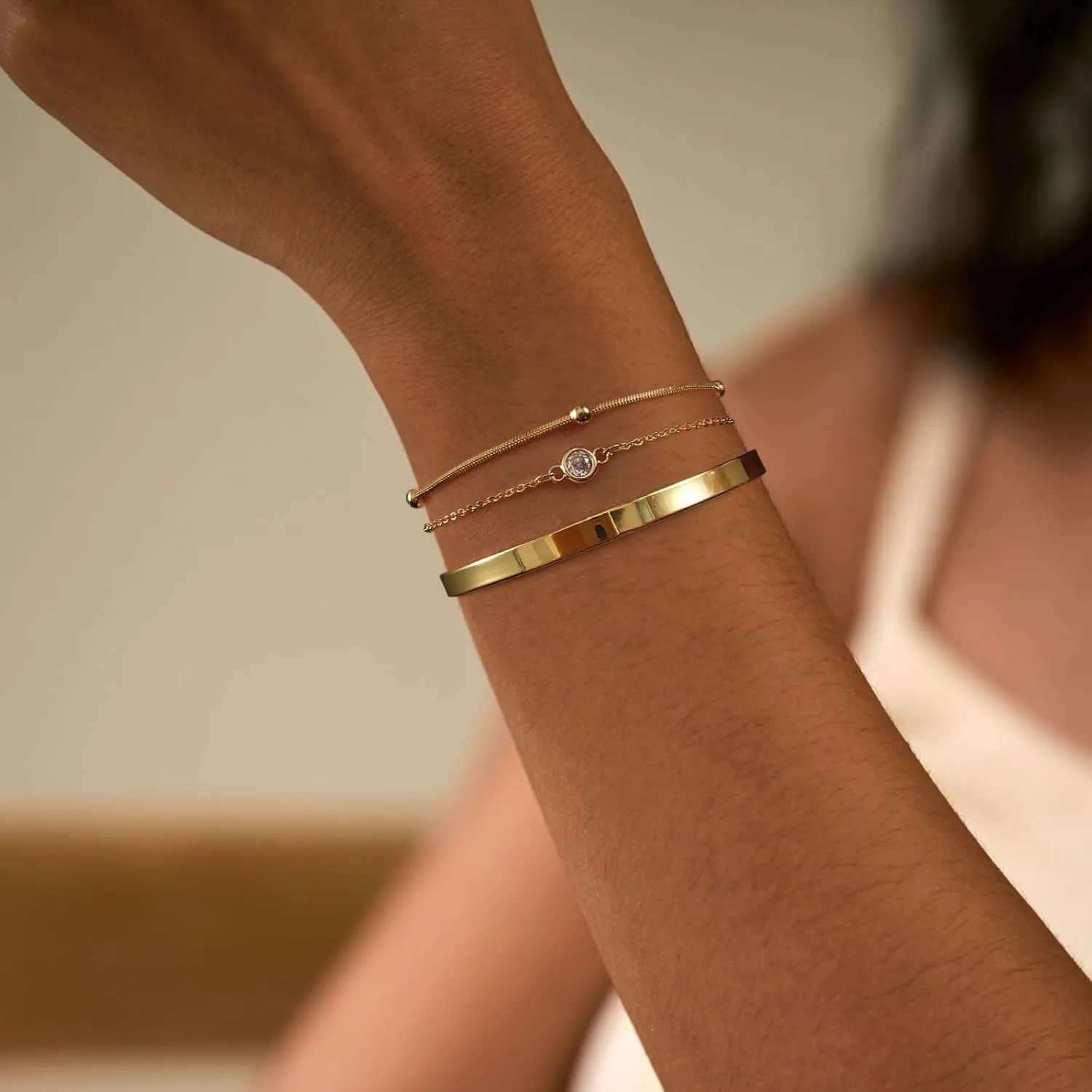 Dainty Adjustable Gold Bracelets for Women 14K Gold Plated Chain Stackable Bracelets Sets for Women