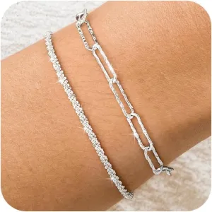 Dainty Bracelets for Women, Sterling Silver/14K Gold Plated Layered Bracelets, Adjustable Bracelet for Women Waterproof Beaded Paperclip Zirconia Tennis Chain Jewelry for Women Trendy