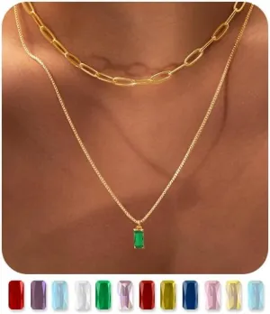Dainty Gold Birthstone Necklaces for Women Non Tarnish, 14K Trendy Blue Green Cubic Zirconia Emerald Pendant Charm Gold Necklaces Birthday Gifts for Women Waterproof Jewelry