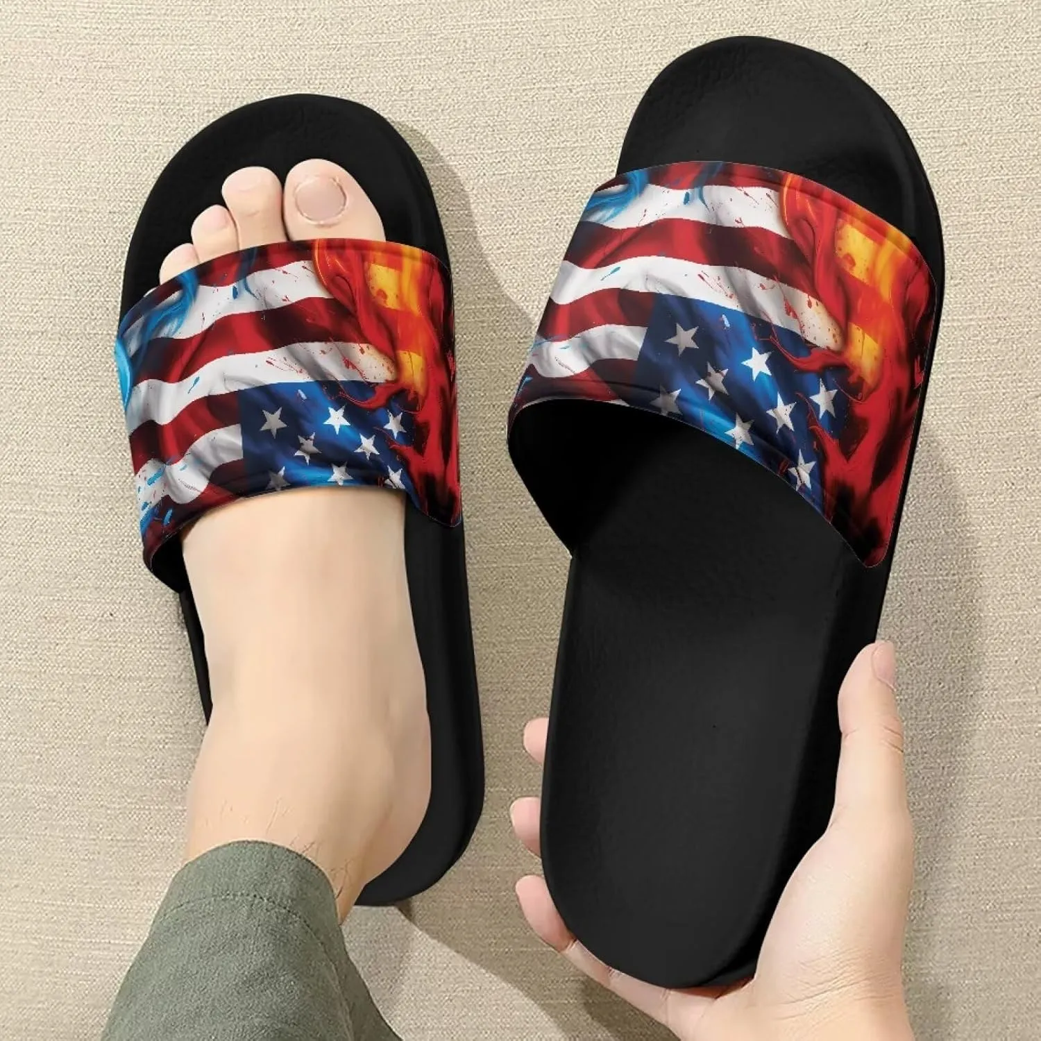 Doojoayie Flag Pattern Summer Slippers for Women Outdoor Open Toe Slide Sandals