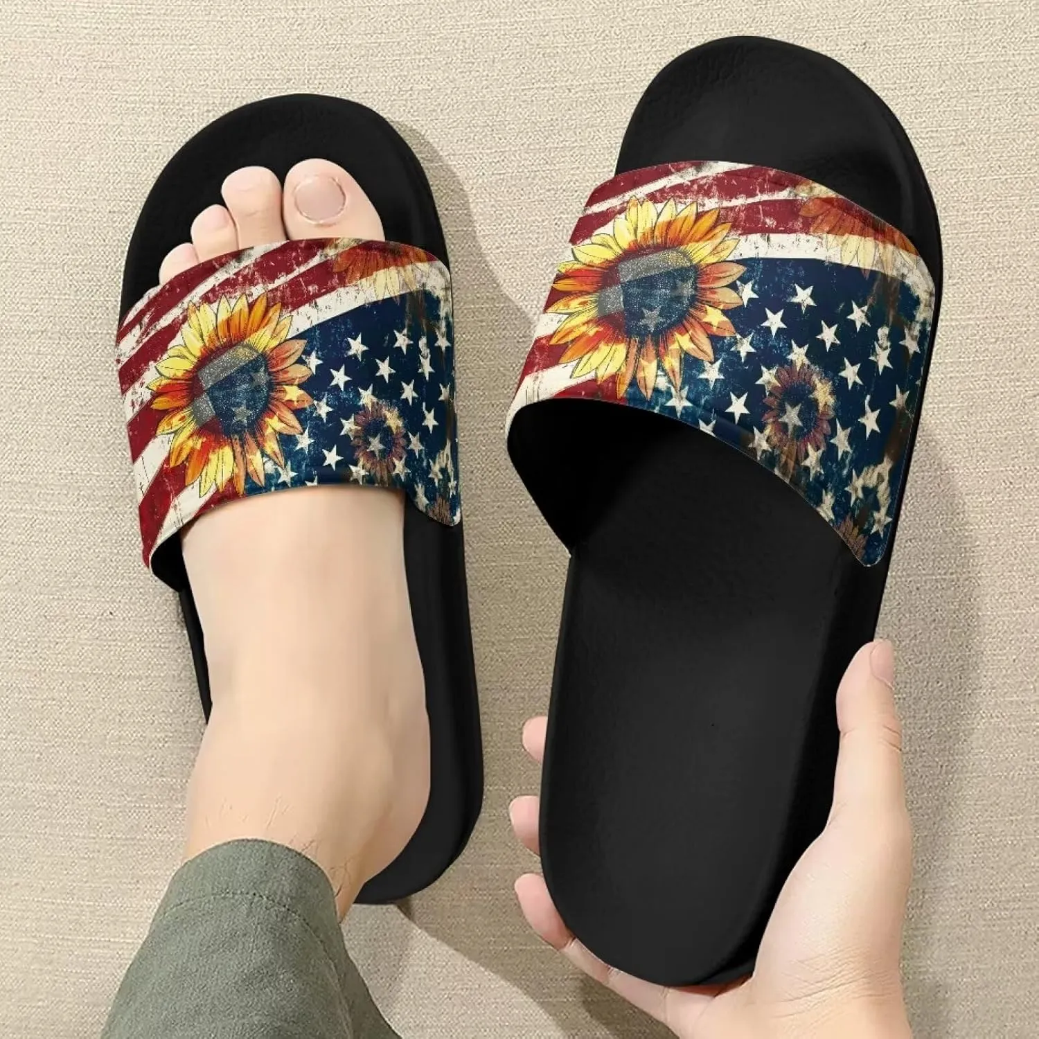 Doojoayie Flag Pattern Summer Slippers for Women Outdoor Open Toe Slide Sandals