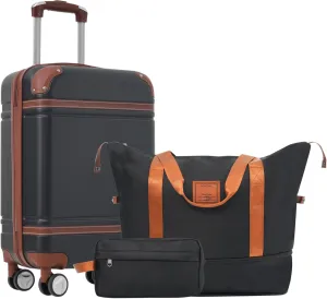 Durable Hardshell Luggage Set with Carry-On Suitcase and Travel Bags, Double Spinner Wheels, 20-Inch, Black