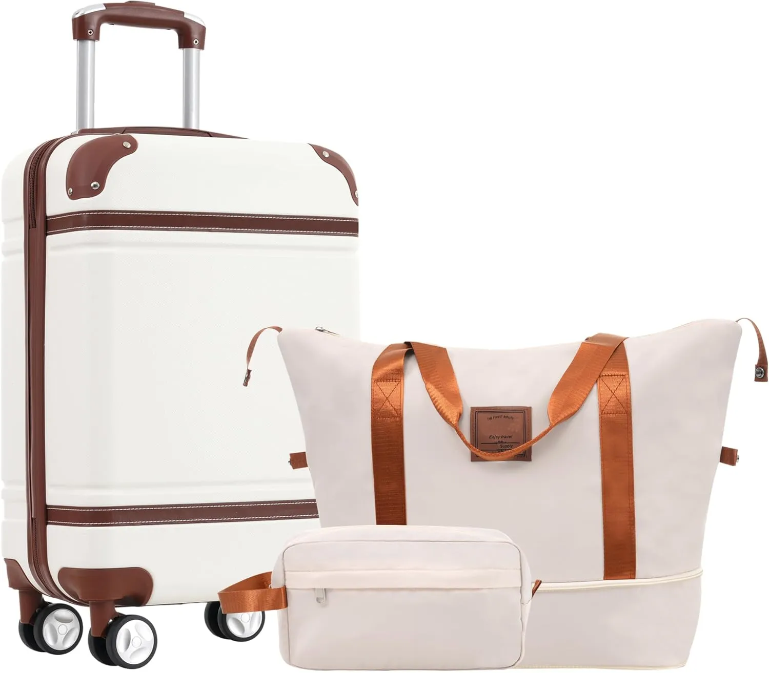 Durable Hardshell Luggage Set with Travel Bags, 20-inch Carry-on Suitcase, Double Spinner Wheels, White