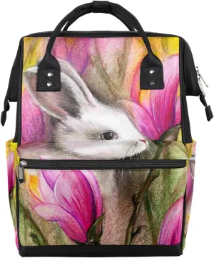 Easter Bunny Rabbit Floral Flower Diaper Bag Tote Large Capacity Waterproof with Adjustable Shoulder Strap and Pram Straps Mommy Bag for Hospital Beach Weekender Travel