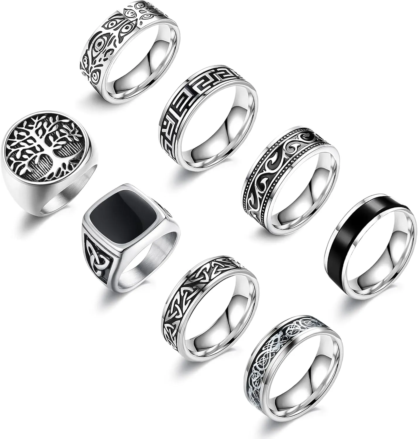 EIELO 12Pcs Rings for Men Stainless Steel Band Rings Square Signet Rings Pinky Thumb Ring Silver Chunky Thick Dome Band Cuban Link Chain Ring Simple Cool Wedding Finger Ring 7-14