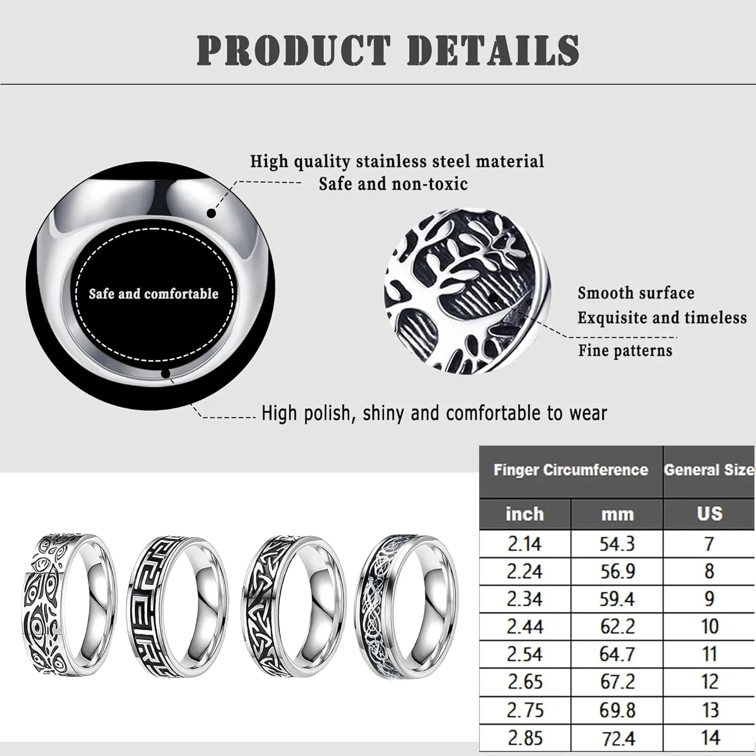 EIELO 12Pcs Rings for Men Stainless Steel Band Rings Square Signet Rings Pinky Thumb Ring Silver Chunky Thick Dome Band Cuban Link Chain Ring Simple Cool Wedding Finger Ring 7-14