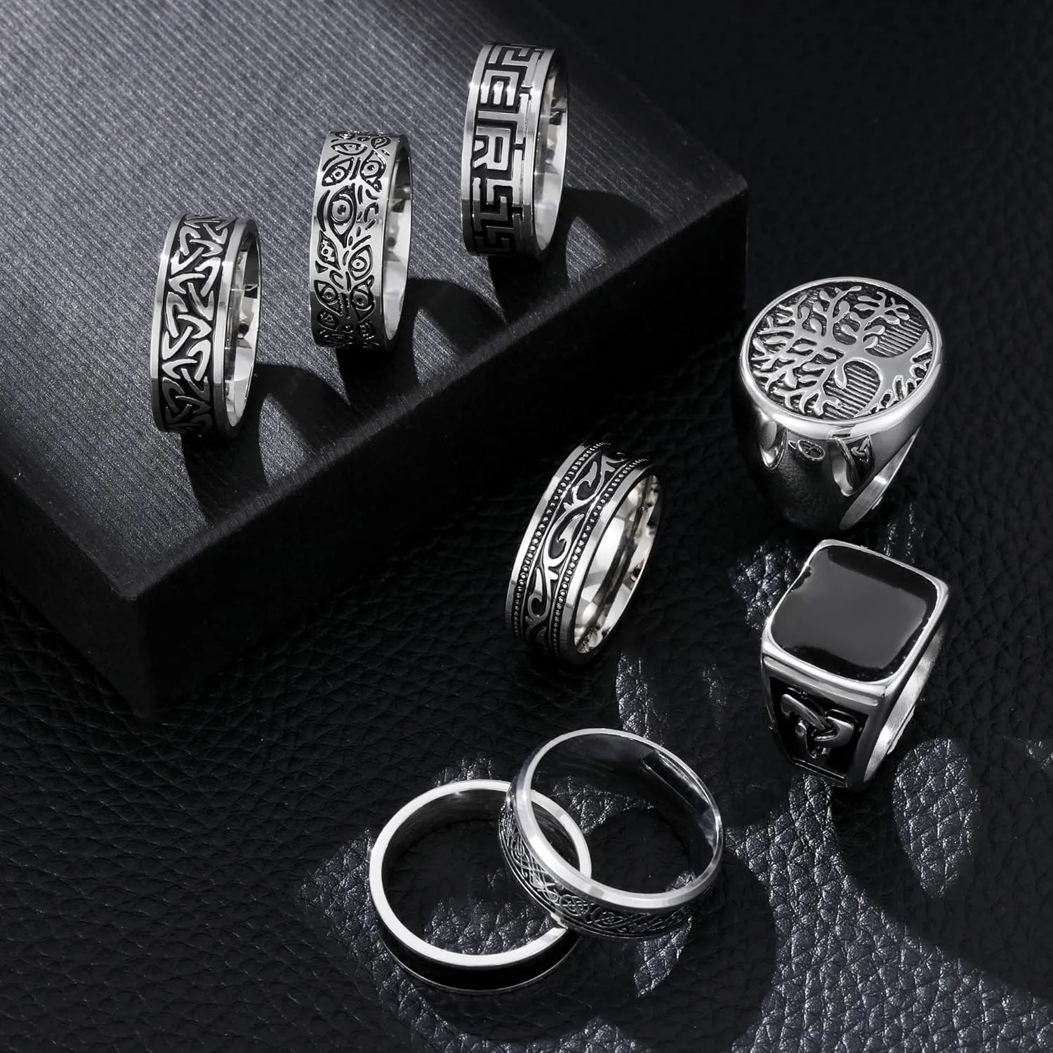 EIELO 12Pcs Rings for Men Stainless Steel Band Rings Square Signet Rings Pinky Thumb Ring Silver Chunky Thick Dome Band Cuban Link Chain Ring Simple Cool Wedding Finger Ring 7-14