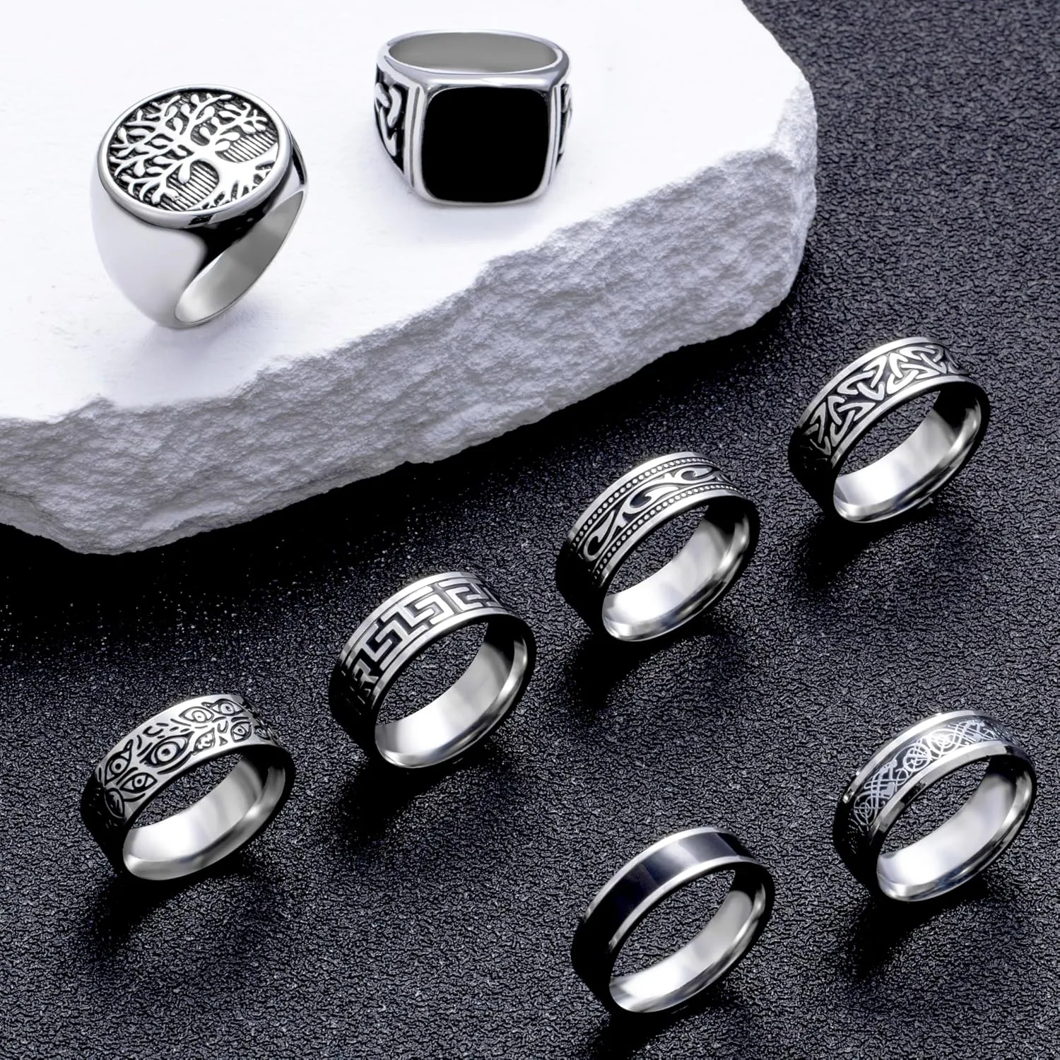 EIELO 12Pcs Rings for Men Stainless Steel Band Rings Square Signet Rings Pinky Thumb Ring Silver Chunky Thick Dome Band Cuban Link Chain Ring Simple Cool Wedding Finger Ring 7-14
