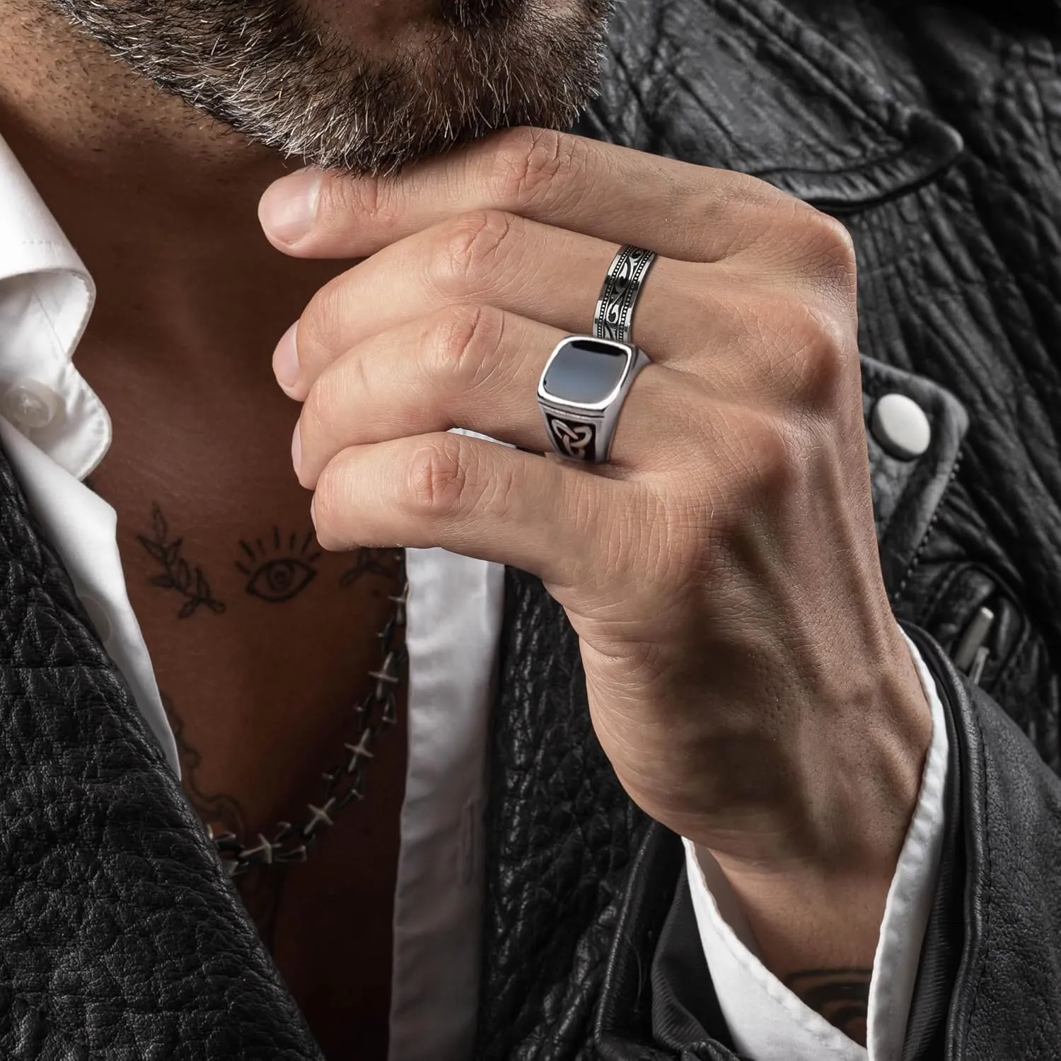 EIELO 12Pcs Rings for Men Stainless Steel Band Rings Square Signet Rings Pinky Thumb Ring Silver Chunky Thick Dome Band Cuban Link Chain Ring Simple Cool Wedding Finger Ring 7-14