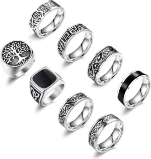 EIELO 12Pcs Rings for Men Stainless Steel Band Rings Square Signet Rings Pinky Thumb Ring Silver Chunky Thick Dome Band Cuban Link Chain Ring Simple Cool Wedding Finger Ring 7-14