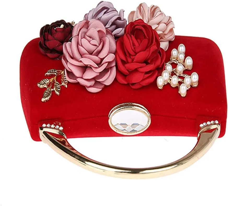 ELEOPTION Women's Flower Evening Bag Clutch Purse Handbag Metal Frame Large Clutch Bag Wedding Hand Bag Carved Handle