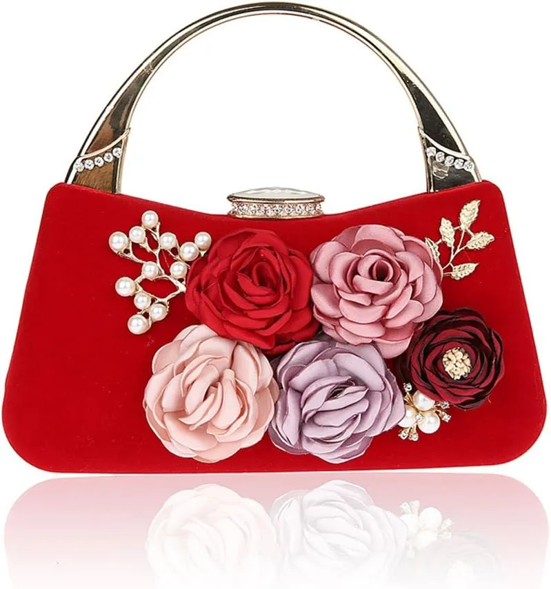ELEOPTION Women's Flower Evening Bag Clutch Purse Handbag Metal Frame Large Clutch Bag Wedding Hand Bag Carved Handle