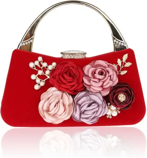 ELEOPTION Women's Flower Evening Bag Clutch Purse Handbag Metal Frame Large Clutch Bag Wedding Hand Bag Carved Handle