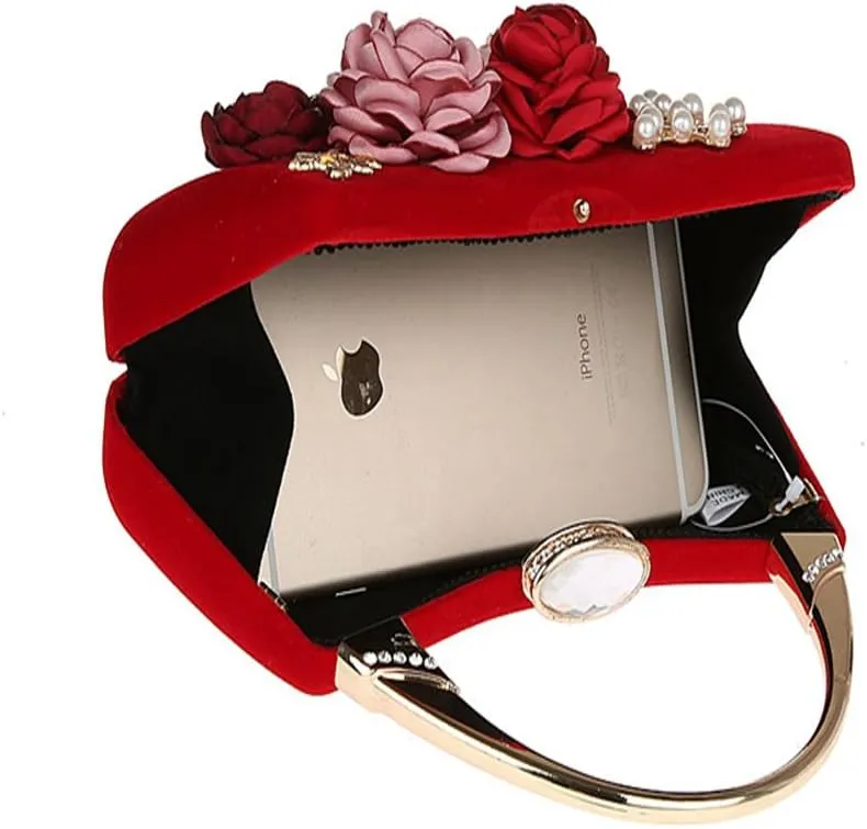 ELEOPTION Women's Flower Evening Bag Clutch Purse Handbag Metal Frame Large Clutch Bag Wedding Hand Bag Carved Handle