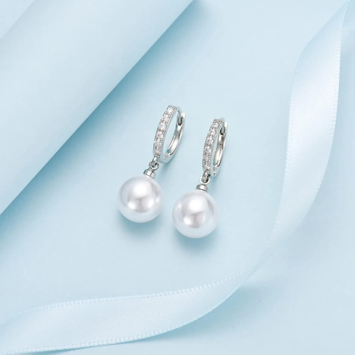 EPIRORA Sterling Silver Simulated Shell Pearl Hoop Earrings Cubic Zirconia Dangle Drop Earrings Jewelry for Women 10mm, Silver/Gold