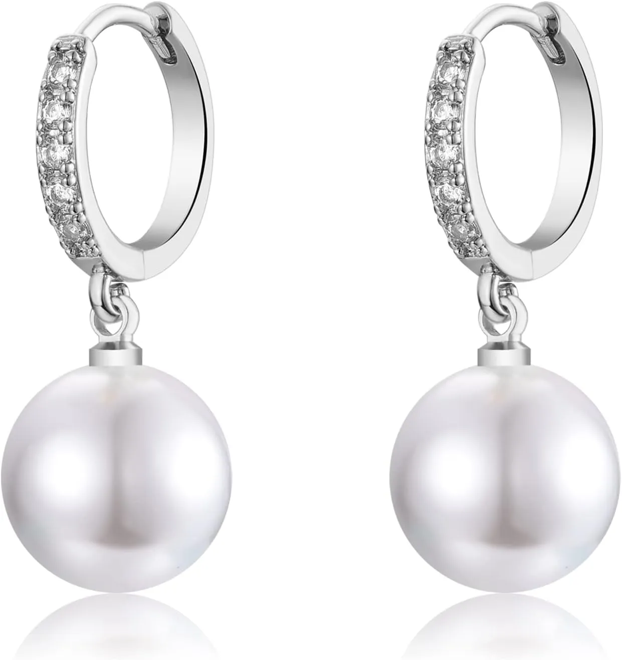 EPIRORA Sterling Silver Simulated Shell Pearl Hoop Earrings Cubic Zirconia Dangle Drop Earrings Jewelry for Women 10mm, Silver/Gold