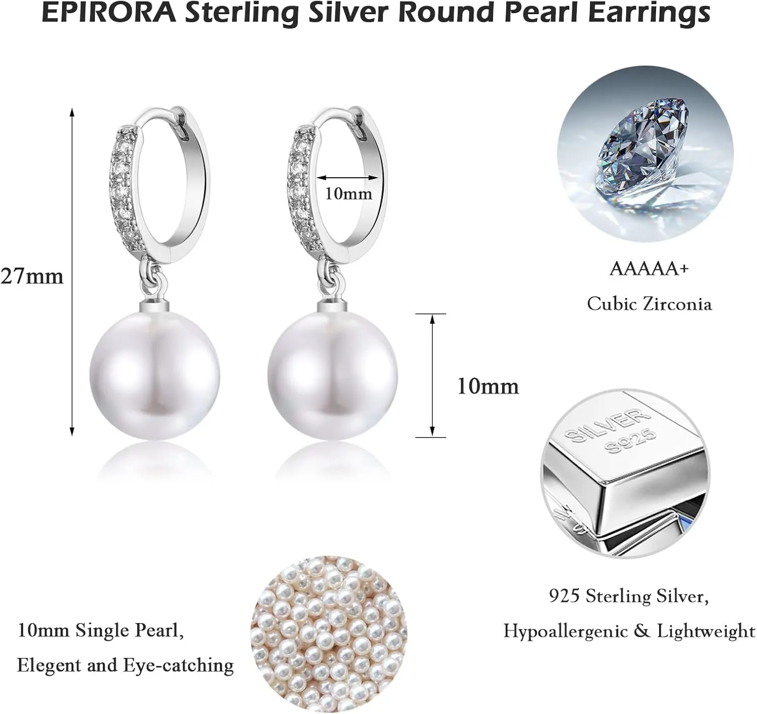 EPIRORA Sterling Silver Simulated Shell Pearl Hoop Earrings Cubic Zirconia Dangle Drop Earrings Jewelry for Women 10mm, Silver/Gold