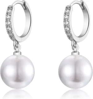 EPIRORA Sterling Silver Simulated Shell Pearl Hoop Earrings Cubic Zirconia Dangle Drop Earrings Jewelry for Women 10mm, Silver/Gold