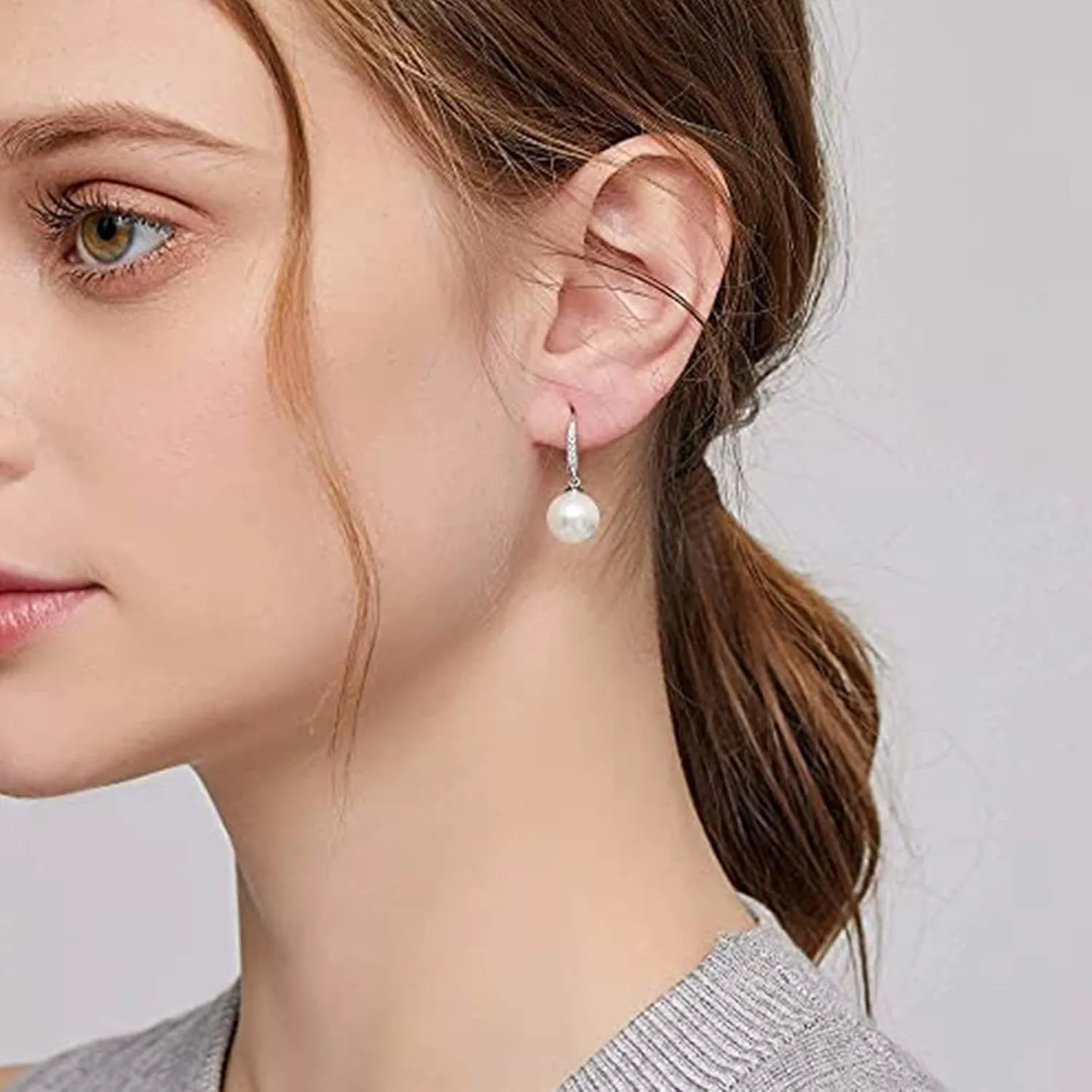 EPIRORA Sterling Silver Simulated Shell Pearl Hoop Earrings Cubic Zirconia Dangle Drop Earrings Jewelry for Women 10mm, Silver/Gold