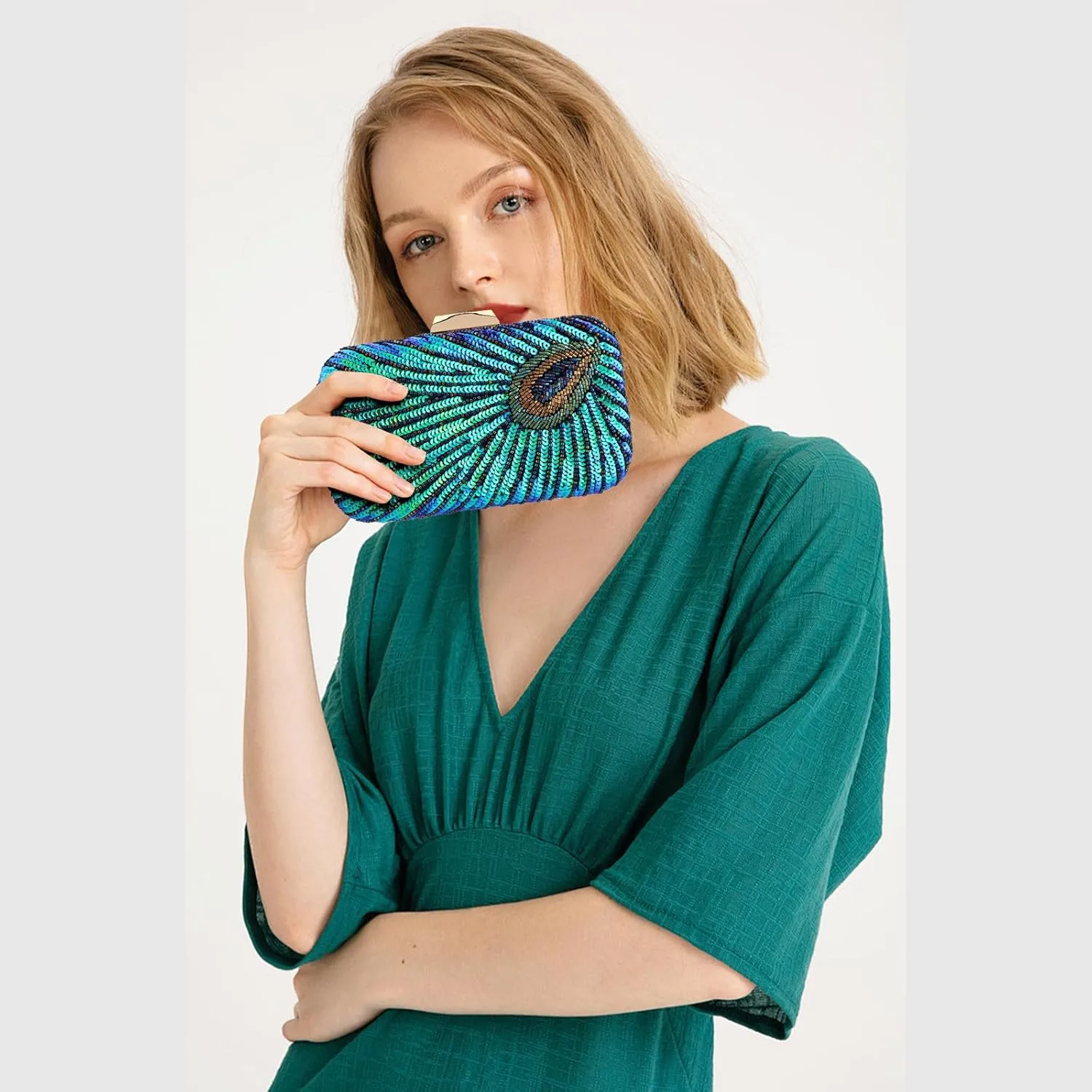 Evening Bag Clutch Purses for Women Beaded Sequin Peacock Party Handbag Wedding Purse