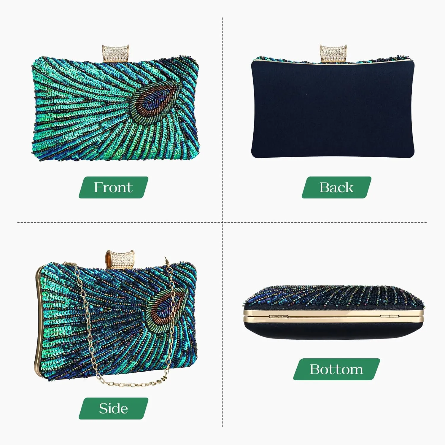 Evening Bag Clutch Purses for Women Beaded Sequin Peacock Party Handbag Wedding Purse