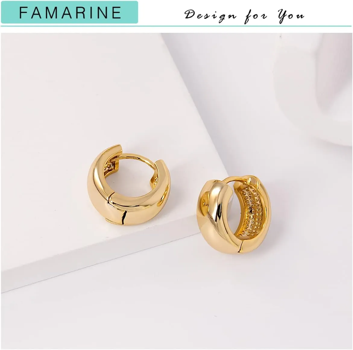 FAMARINE Small Chunky Thick Hoop Earrings for Women Girls Gold Hoops Huggie Earrings for Men Gift, 14K Gold Plated