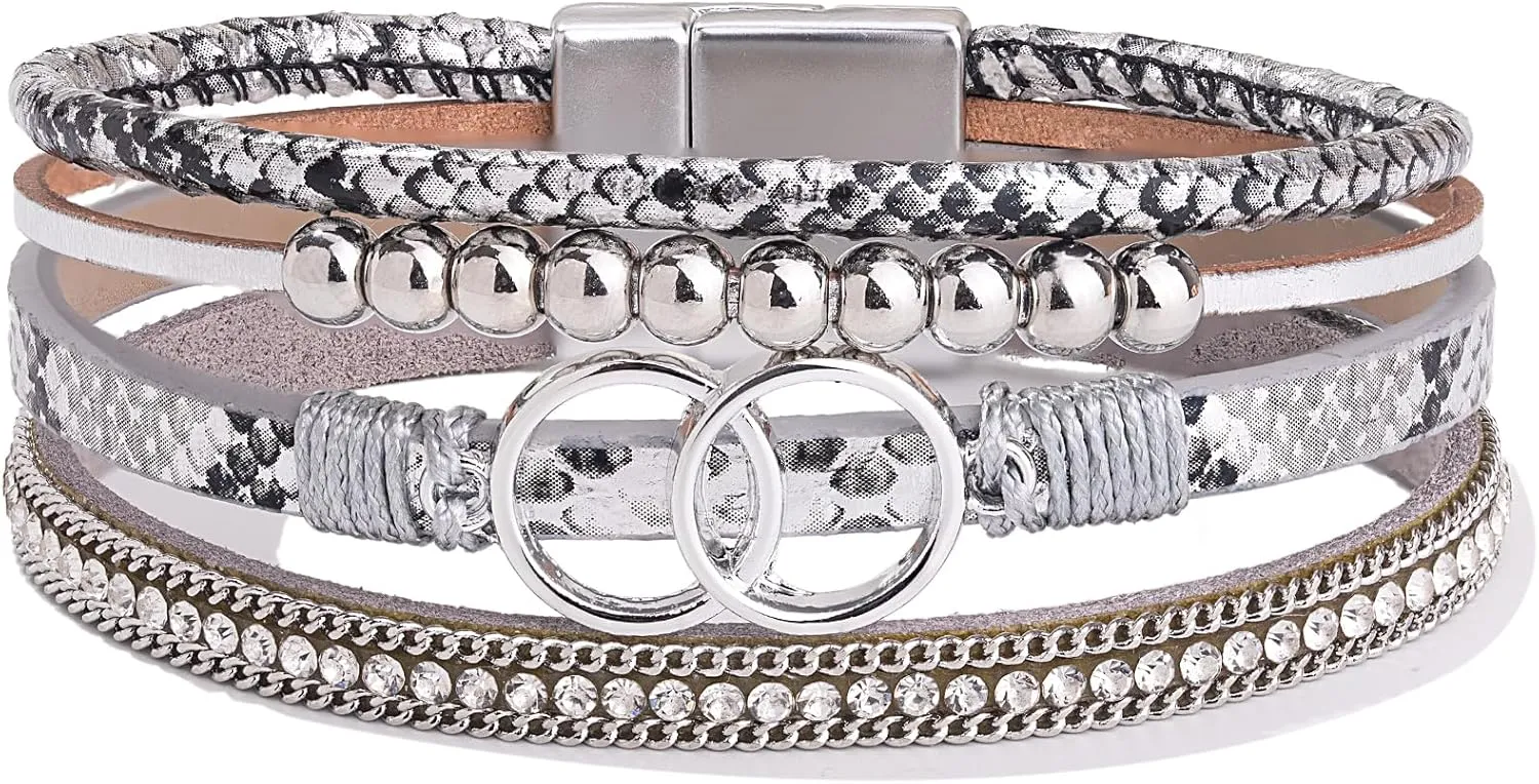 FANCY SHINY Boho Wrap Bracelets Leather Cuff Bangle Gold Beaded Bracelets for Women Stackable Infinity Bracelets Jewelry Gift Mom with Magnetic Clasp