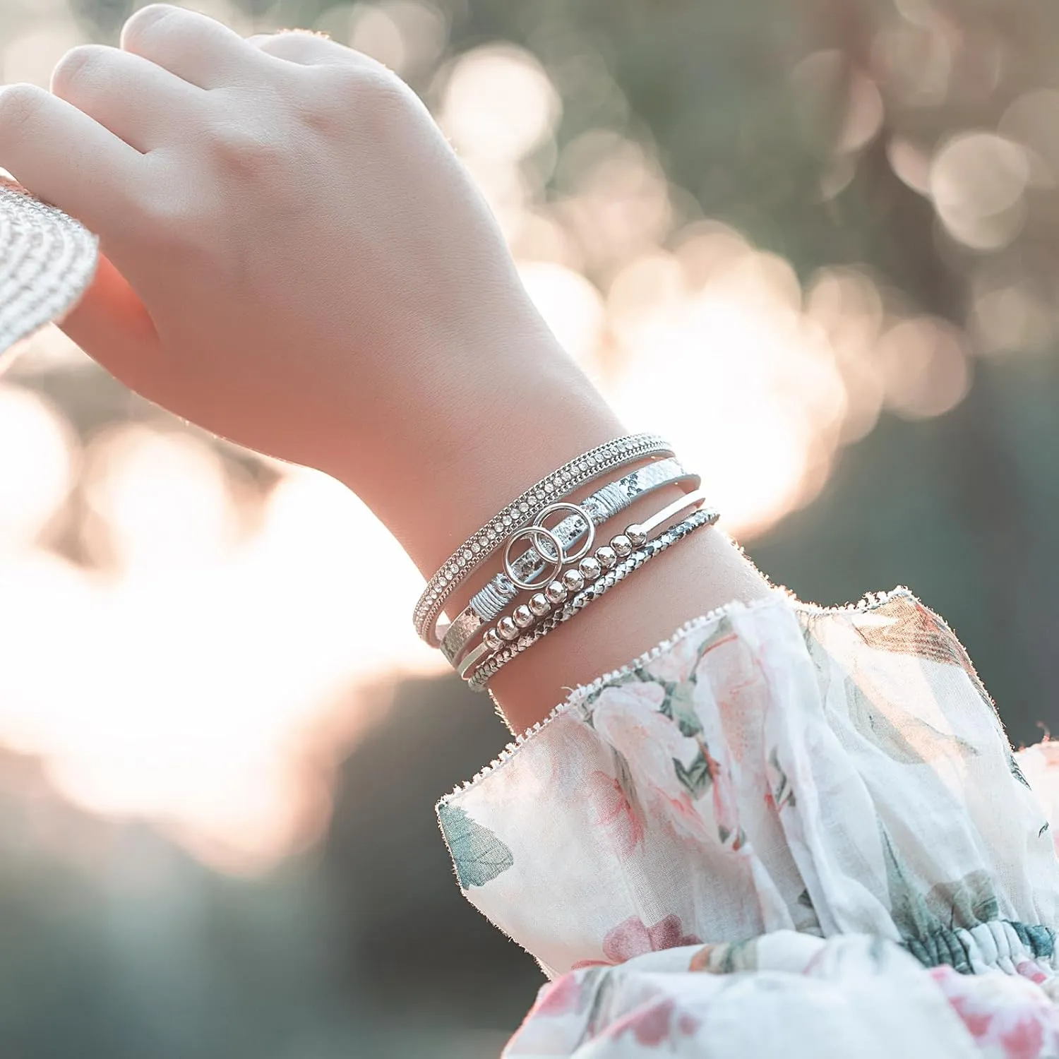 FANCY SHINY Boho Wrap Bracelets Leather Cuff Bangle Gold Beaded Bracelets for Women Stackable Infinity Bracelets Jewelry Gift Mom with Magnetic Clasp