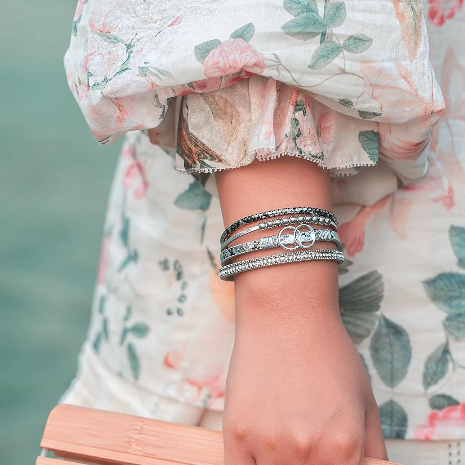 FANCY SHINY Boho Wrap Bracelets Leather Cuff Bangle Gold Beaded Bracelets for Women Stackable Infinity Bracelets Jewelry Gift Mom with Magnetic Clasp