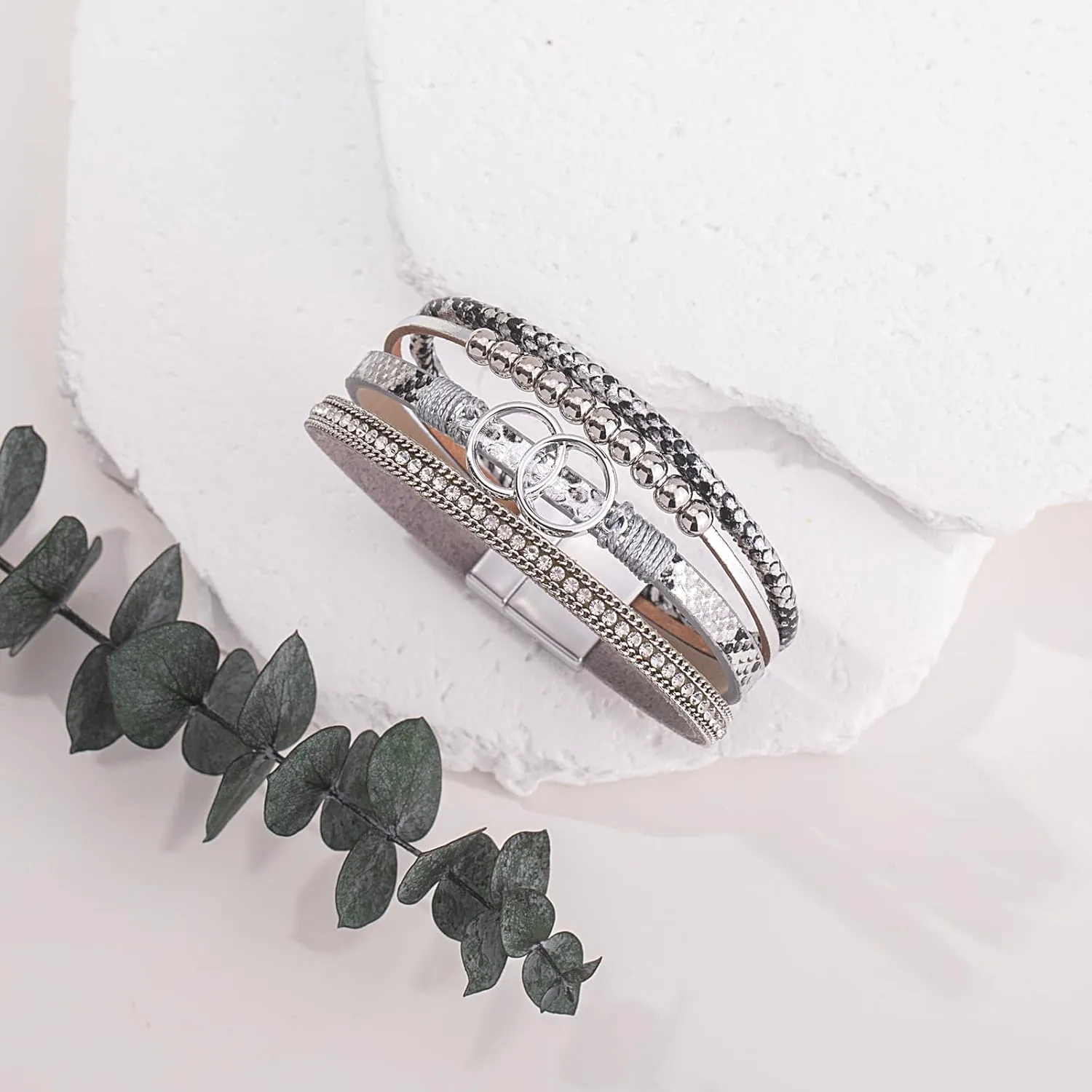 FANCY SHINY Boho Wrap Bracelets Leather Cuff Bangle Gold Beaded Bracelets for Women Stackable Infinity Bracelets Jewelry Gift Mom with Magnetic Clasp