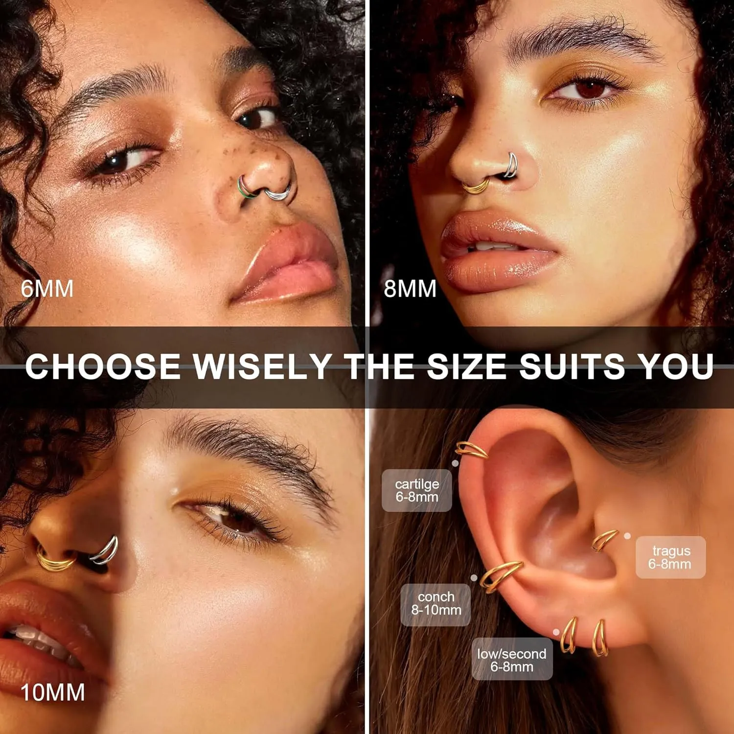 FASACCO 5 Pcs 20G 18G 16G Nose Rings Hoop Set Double Triple 316L Surgical Steel Nose Hoop Helix Septum Piercing Cartilage Hoop for Women