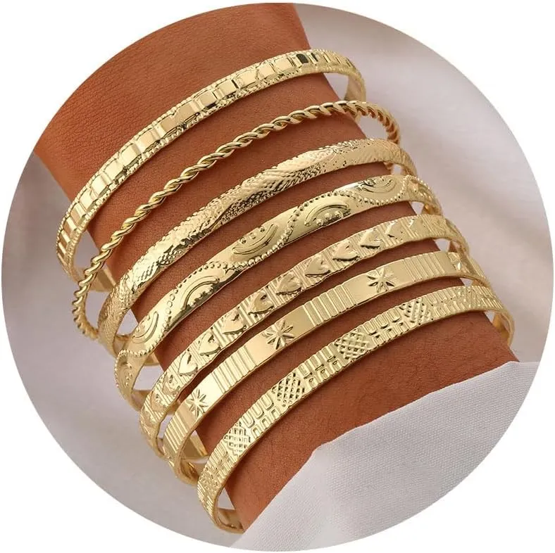 Fashion 18K Gold Plated Bangle Bracelets for Women Multi Layer Charm Indian Cuff Bracelet Stack Elegance Non Tarnish Minimalist Textured Adjustable Bracelet Set for Women Jewelry Gift
